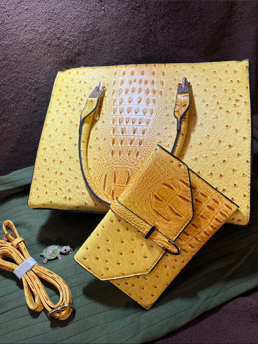 Le Miel•Yellow Ostrich-Texture Structured Satchel with Top Handles